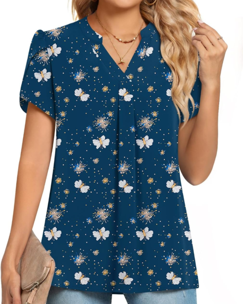 Blouse Clementine pour femme – Top en chiffon avec col en V et manches courtes à pétales