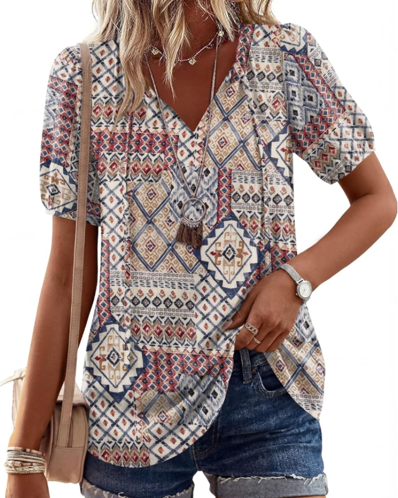 Winona Bluse til kvinder – Boho tunika med V-hals, snore og puffede ærmer