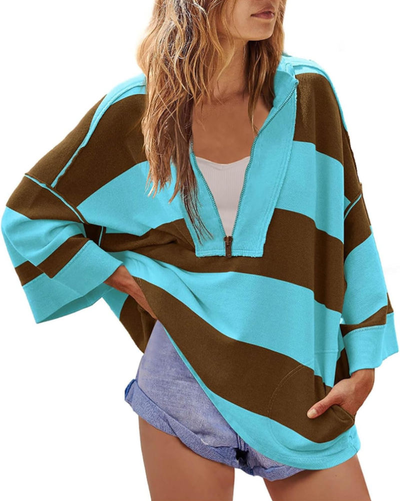 Harlow Sweatshirt Femme Oversize – Pull à Rayures avec Col en V et Épaules Tombantes