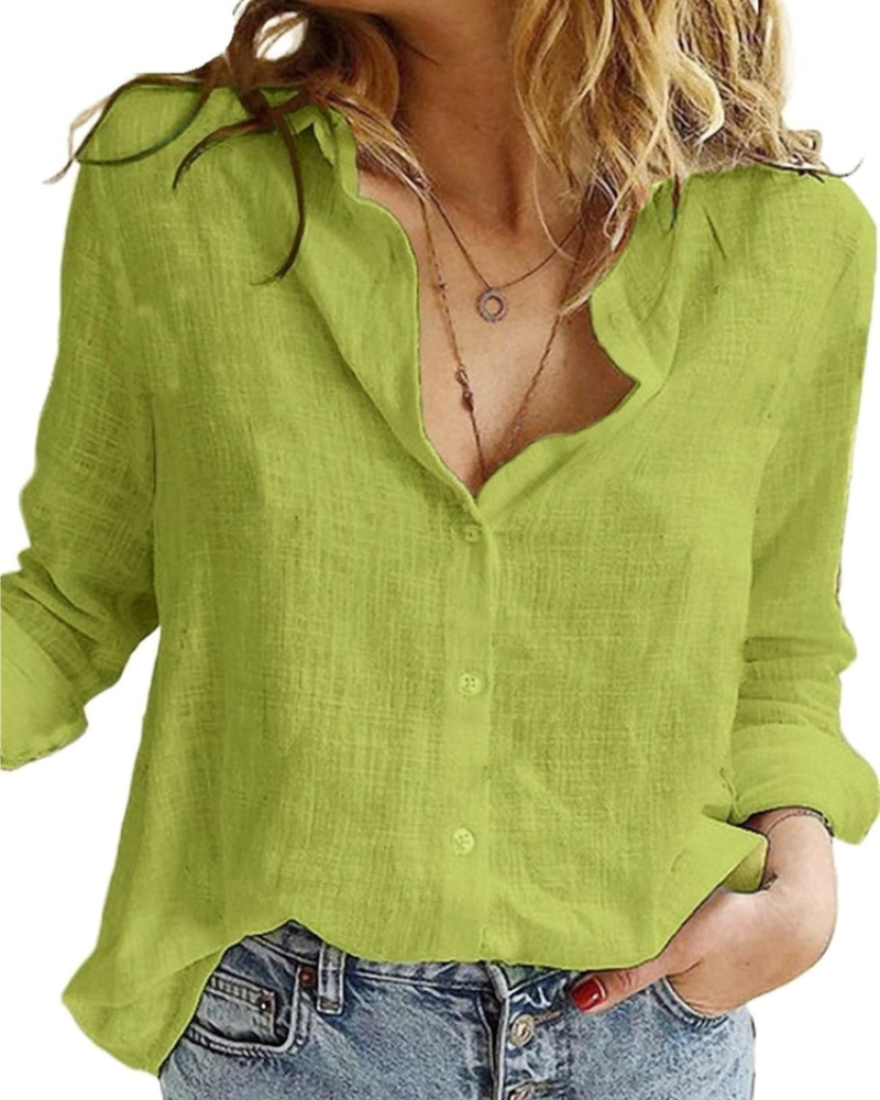 Vivienne Blusa Donna – Camicia in Cotone e Lino con Colletto, Bottoni e Maniche Lunghe