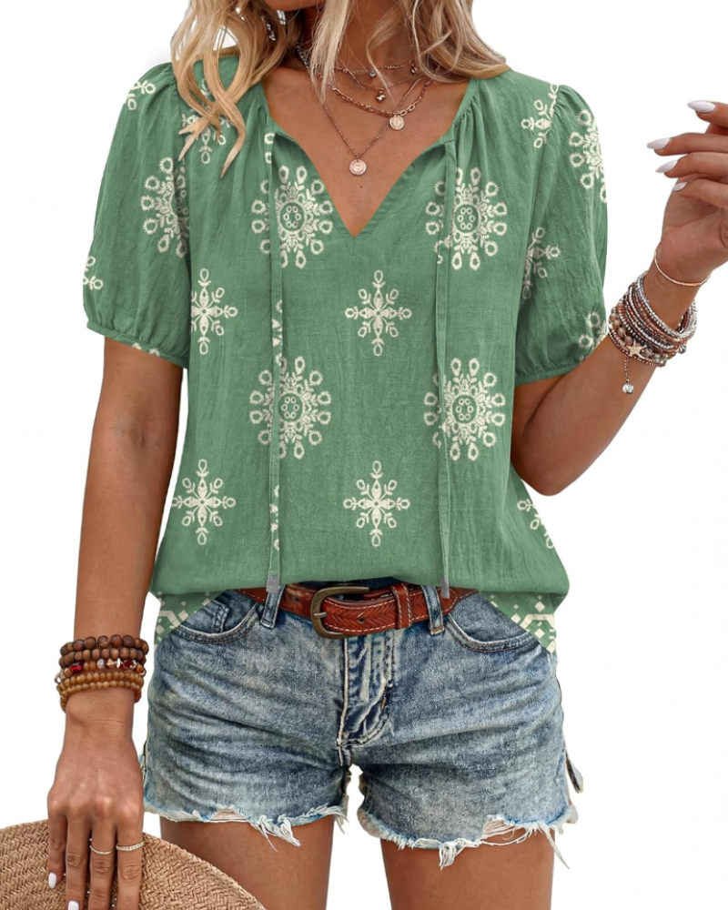 Winona Blouse Femme – Tunique Bohème avec Col en V, Lanières et Manches Bouffantes