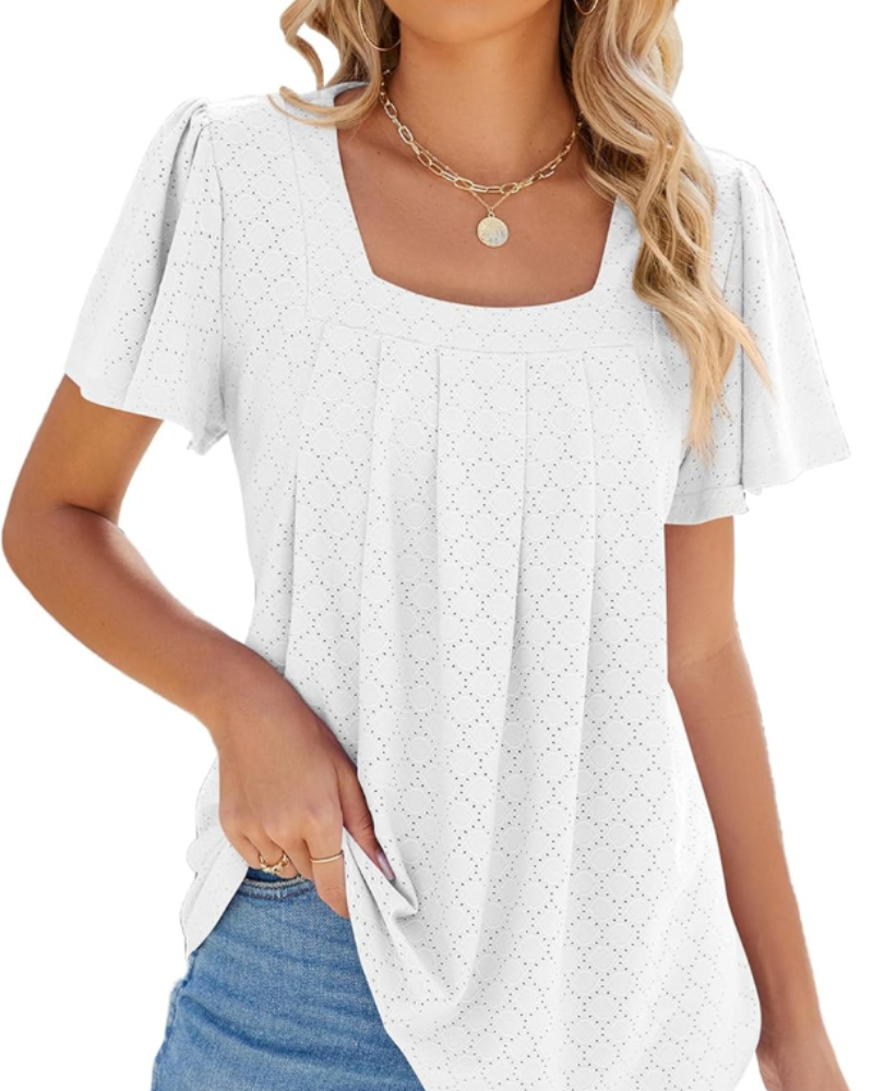 Isolde Blouse Femme – Top ajouré avec col carré et manches volantées