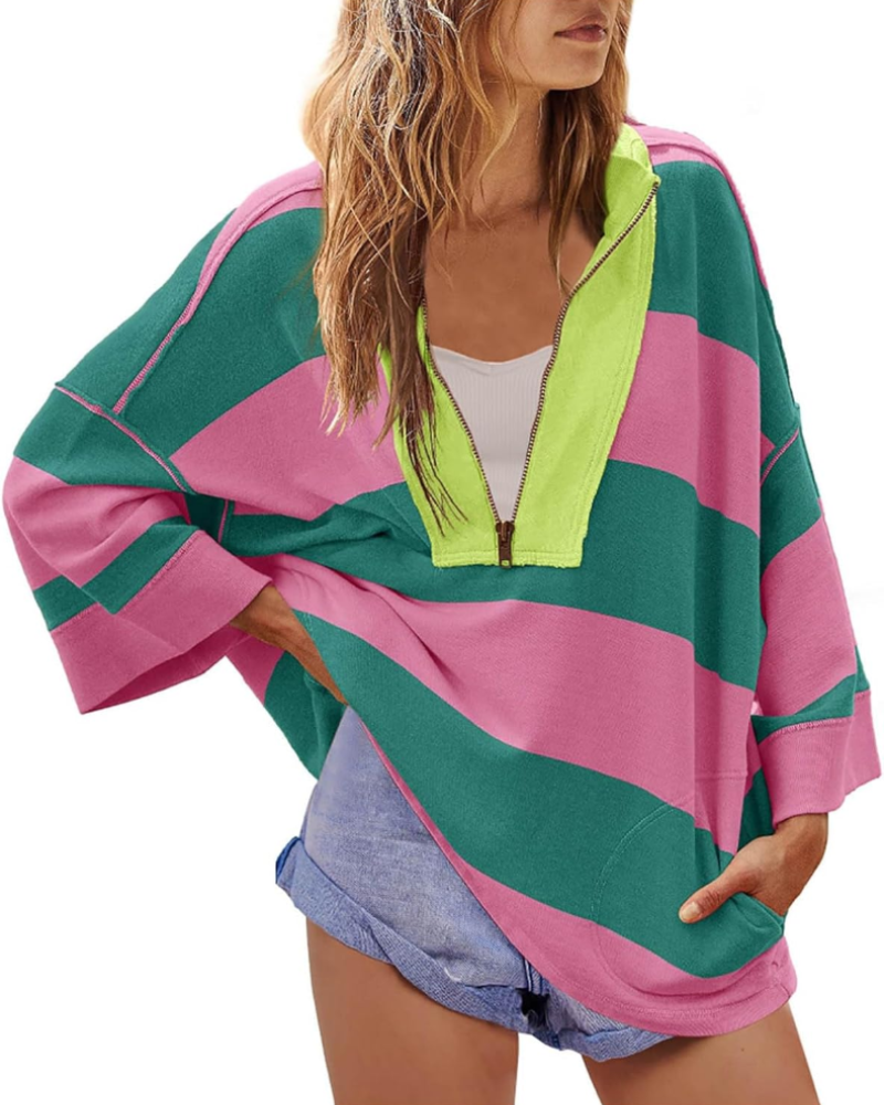 Harlow Sweatshirt Femme Oversize – Pull à Rayures avec Col en V et Épaules Tombantes