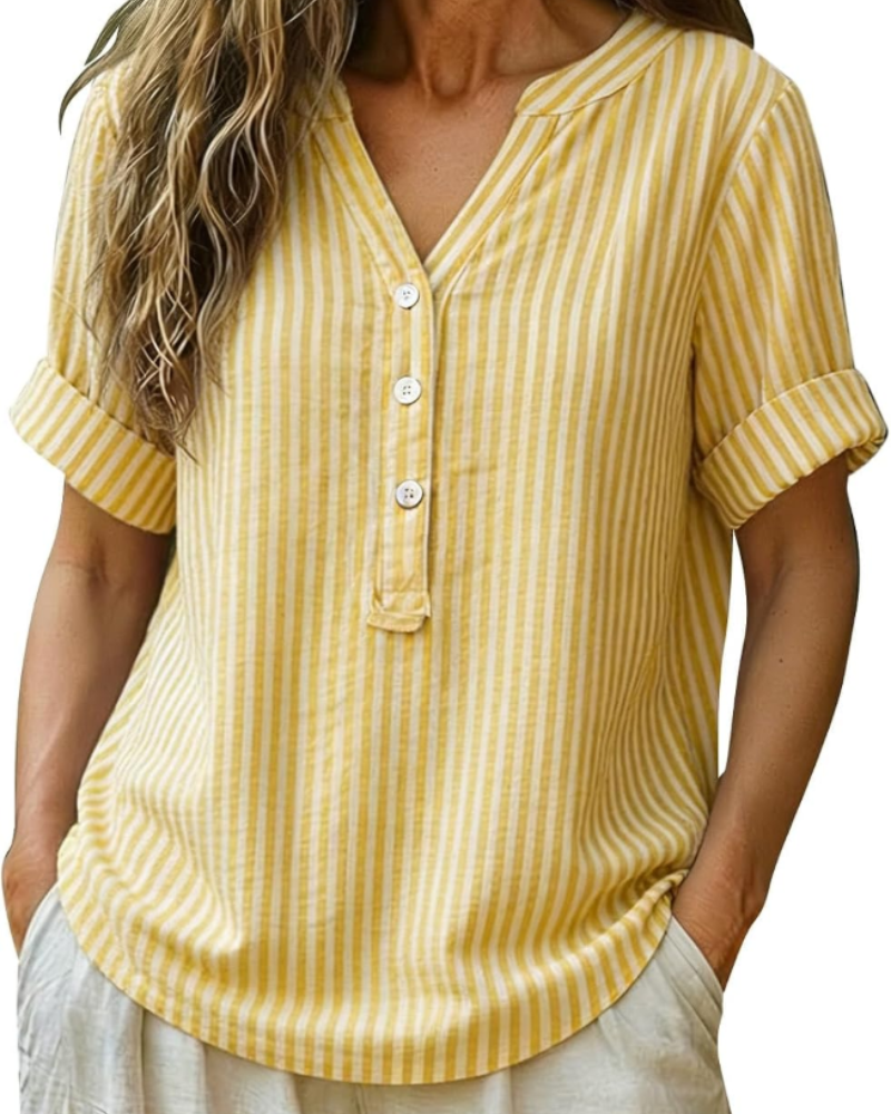Lorelei Chemisier Femme – Blouse à Rayures avec Col en V, Boutons et Manches Courtes