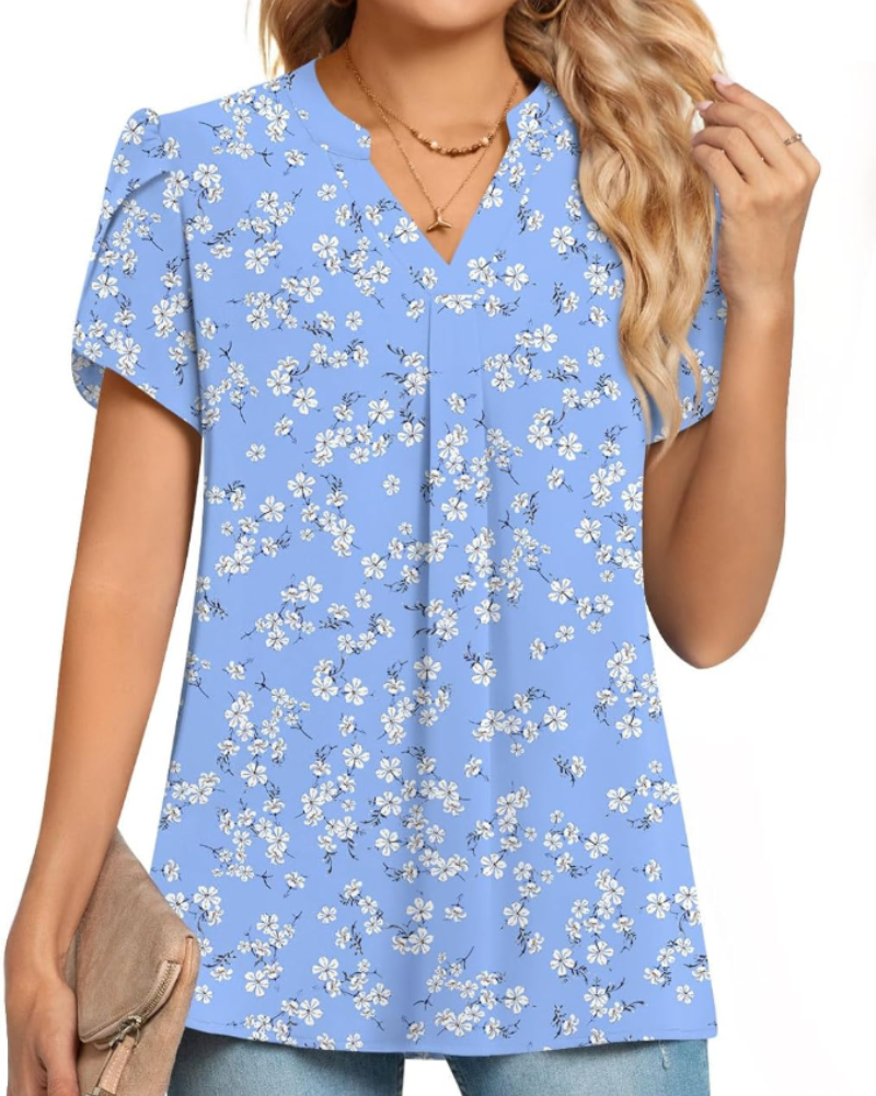 Blouse Clementine pour femme – Top en chiffon avec col en V et manches courtes à pétales