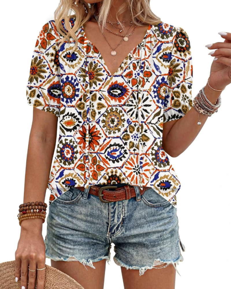 Winona Blouse Femme – Tunique Bohème avec Col en V, Lanières et Manches Bouffantes