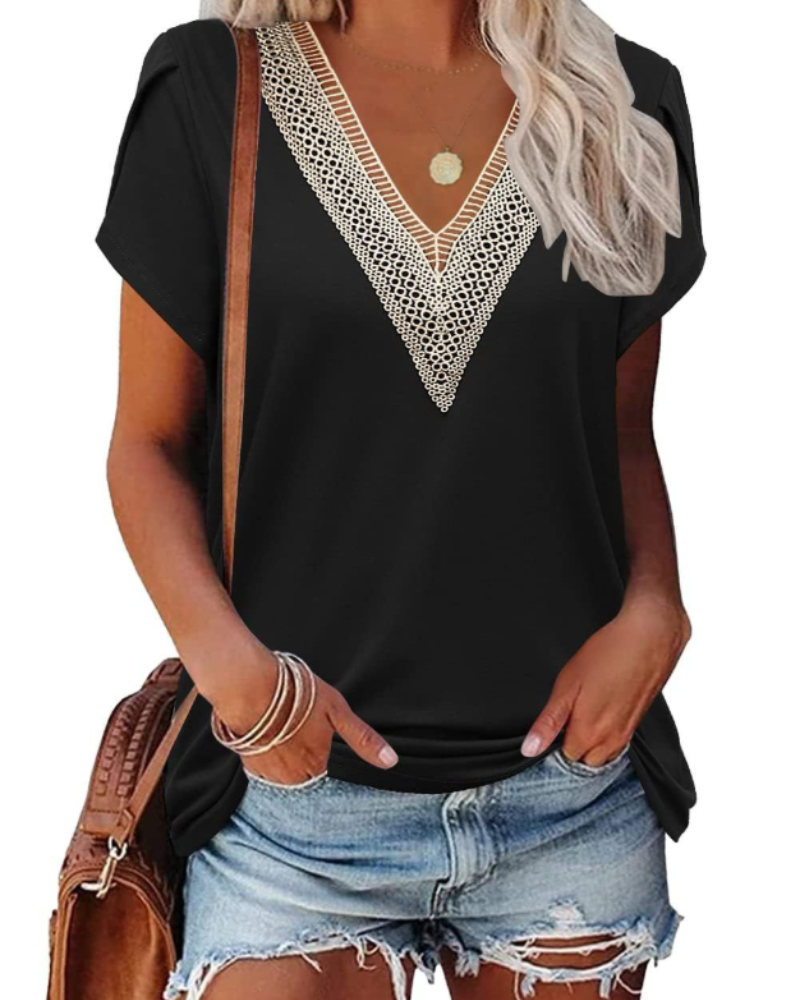 T-shirt Corinne pour femme – Haut avec col en V en dentelle et manches courtes à pétales