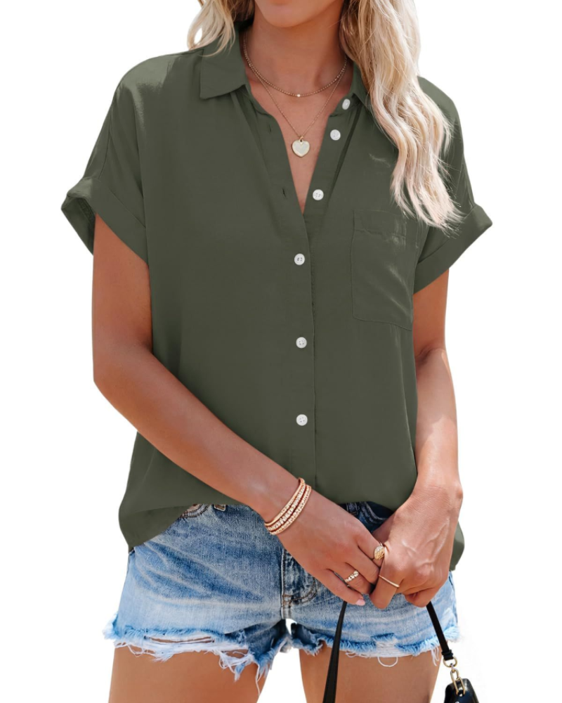 Felicity Chemisier Femme – Blouse avec Col en V, Boutons, Poche et Manches Courtes