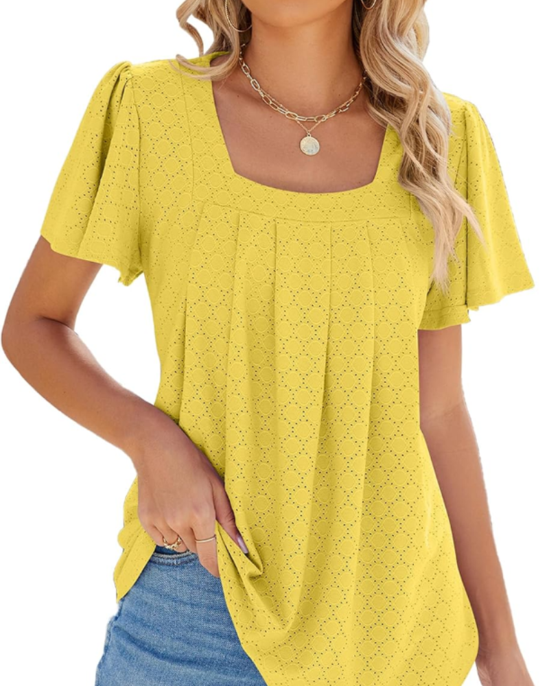 Isolde Blouse Femme – Top ajouré avec col carré et manches volantées