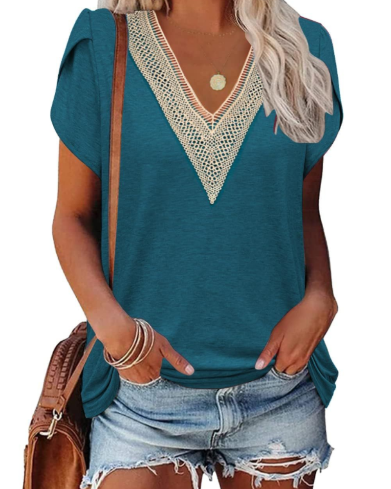 T-shirt Corinne pour femme – Haut avec col en V en dentelle et manches courtes à pétales
