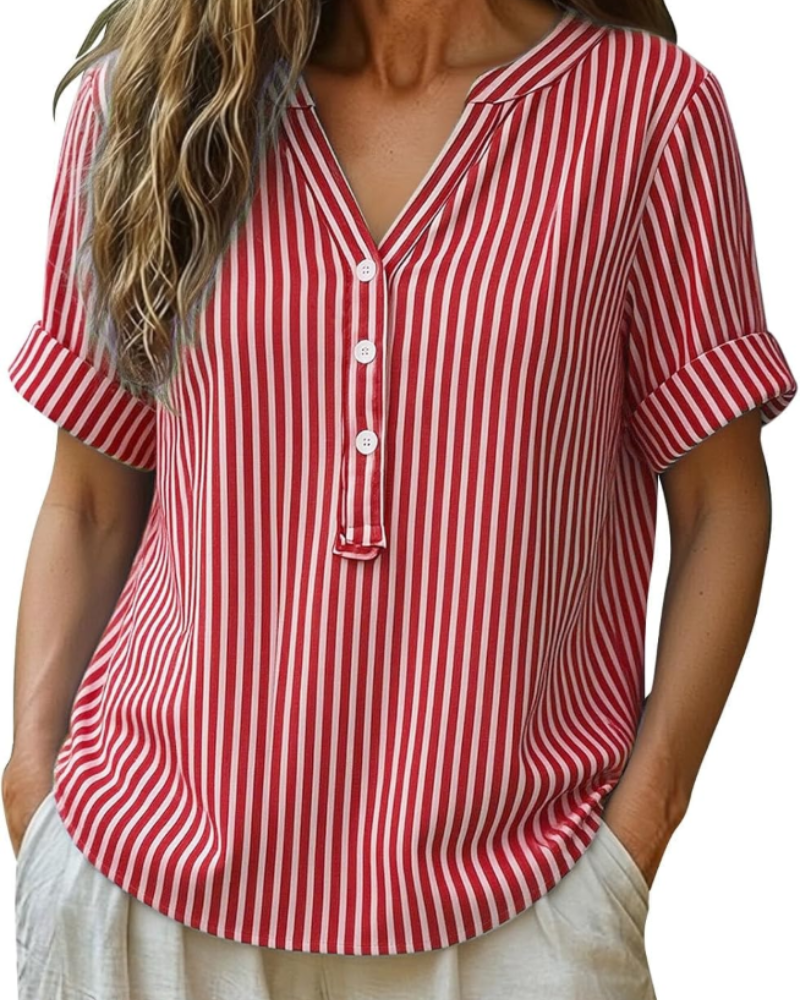 Lorelei Chemisier Femme – Blouse à Rayures avec Col en V, Boutons et Manches Courtes