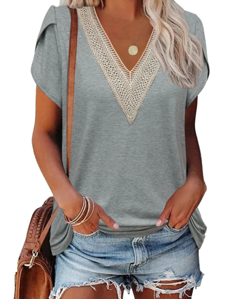T-shirt Corinne pour femme – Haut avec col en V en dentelle et manches courtes à pétales