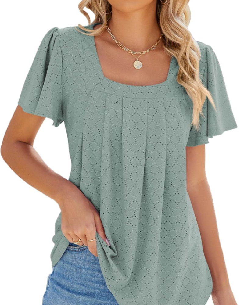 Isolde Blouse Femme – Top ajouré avec col carré et manches volantées