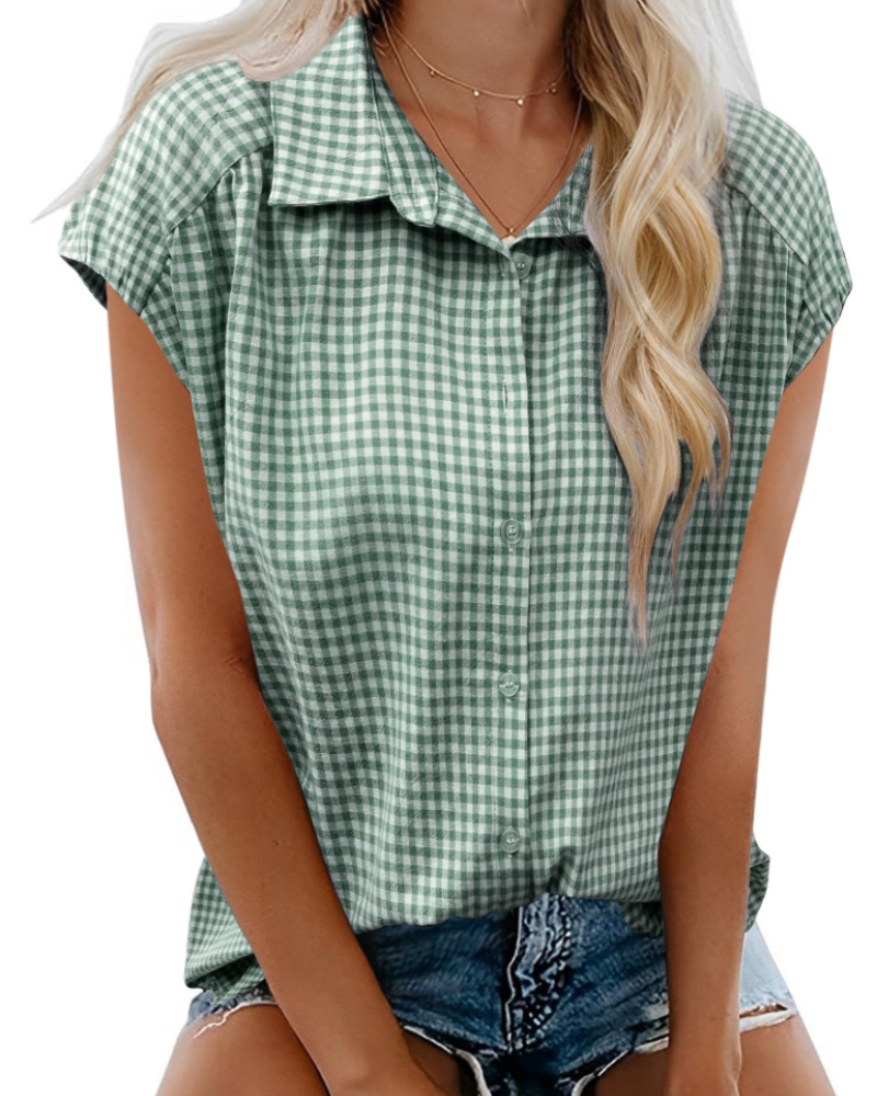 Elowen Chemisier Femme – Blouse en Coton avec Col en V, Boutons et Manches Courtes