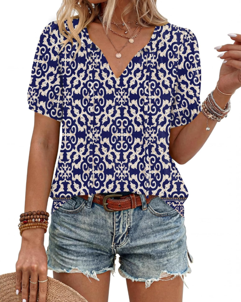 Winona Blouse Femme – Tunique Bohème avec Col en V, Lanières et Manches Bouffantes