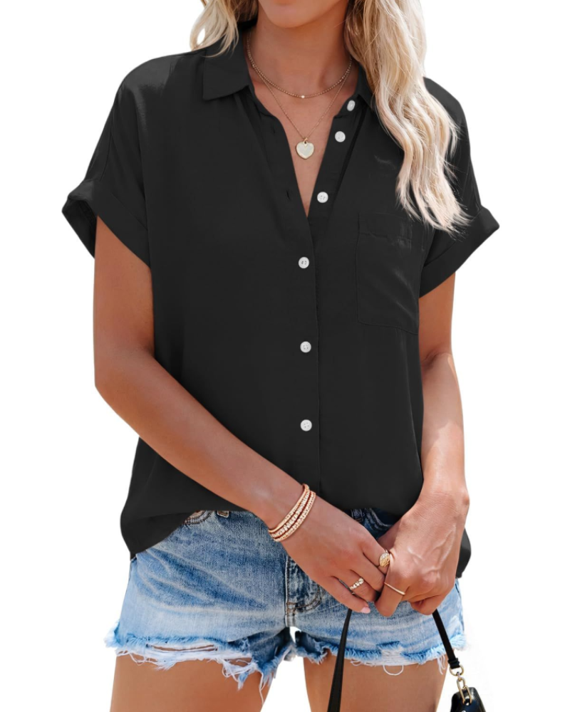 Felicity Chemisier Femme – Blouse avec Col en V, Boutons, Poche et Manches Courtes