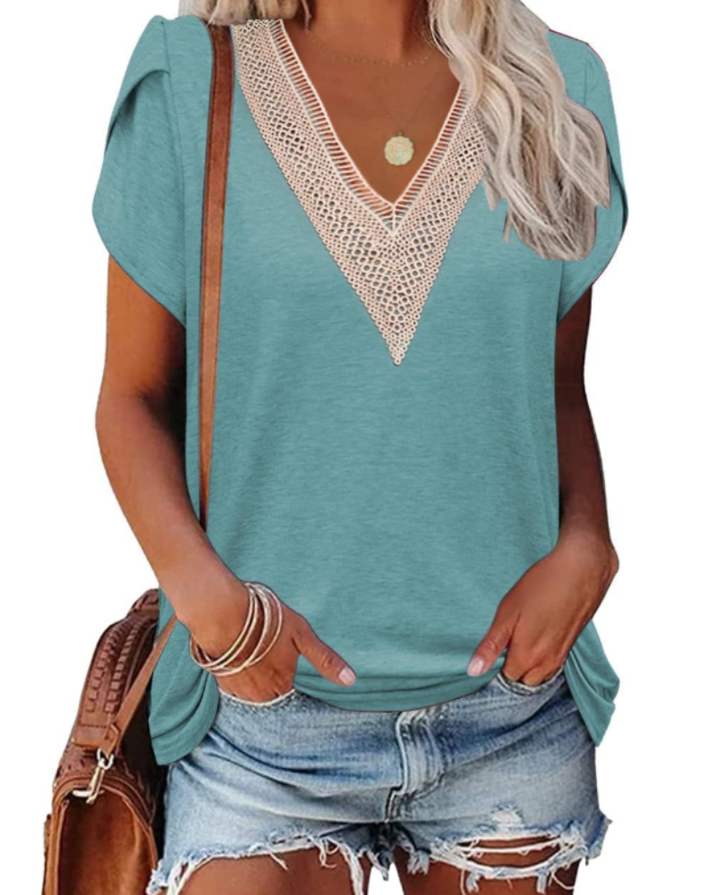 T-shirt Corinne pour femme – Haut avec col en V en dentelle et manches courtes à pétales