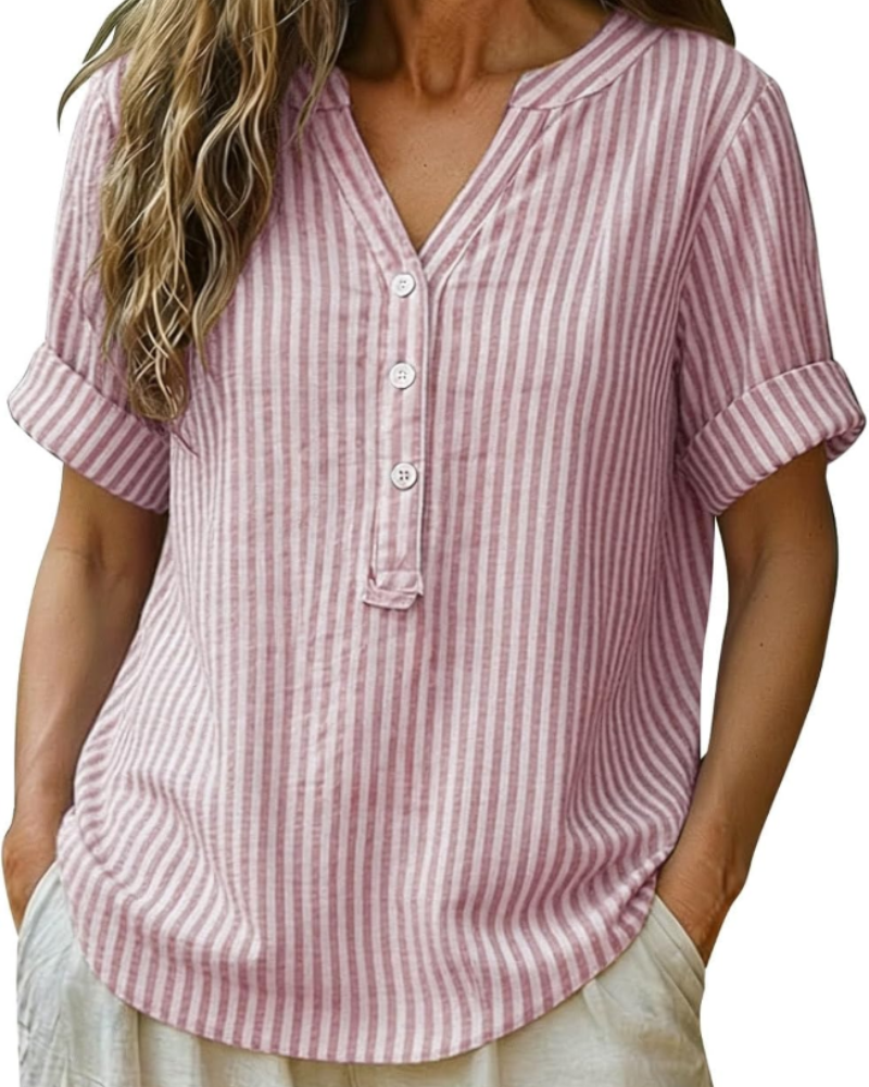 Lorelei Chemisier Femme – Blouse à Rayures avec Col en V, Boutons et Manches Courtes