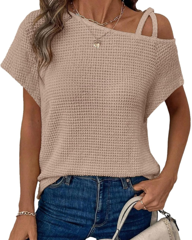 Brynn Blouse Femme – Top Monospalla en Maille Waffle avec Croisé et Manches Courtes