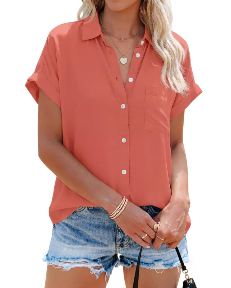 Felicity Chemisier Femme – Blouse avec Col en V, Boutons, Poche et Manches Courtes