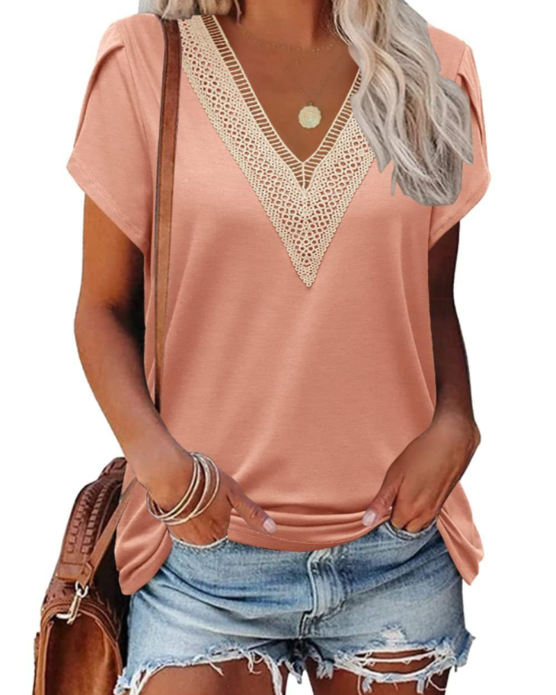 T-shirt Corinne pour femme – Haut avec col en V en dentelle et manches courtes à pétales