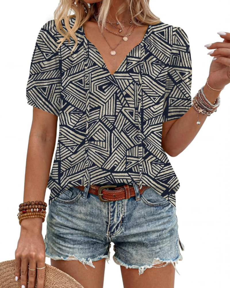 Winona Blouse Femme – Tunique Bohème avec Col en V, Lanières et Manches Bouffantes