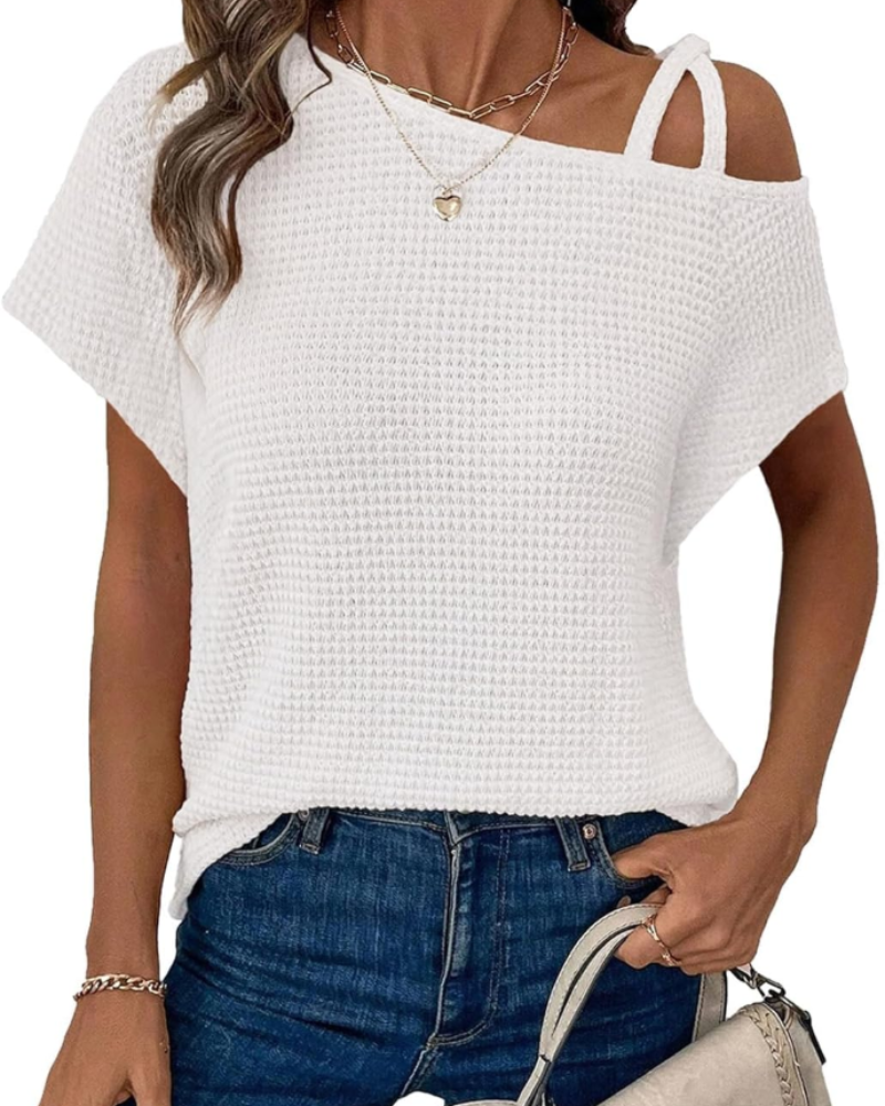 Brynn Blouse Femme – Top Monospalla en Maille Waffle avec Croisé et Manches Courtes