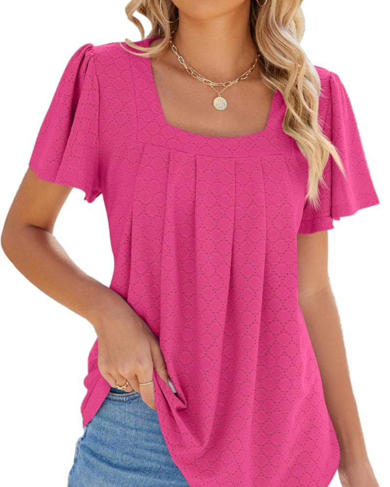 Isolde Blouse Femme – Top ajouré avec col carré et manches volantées