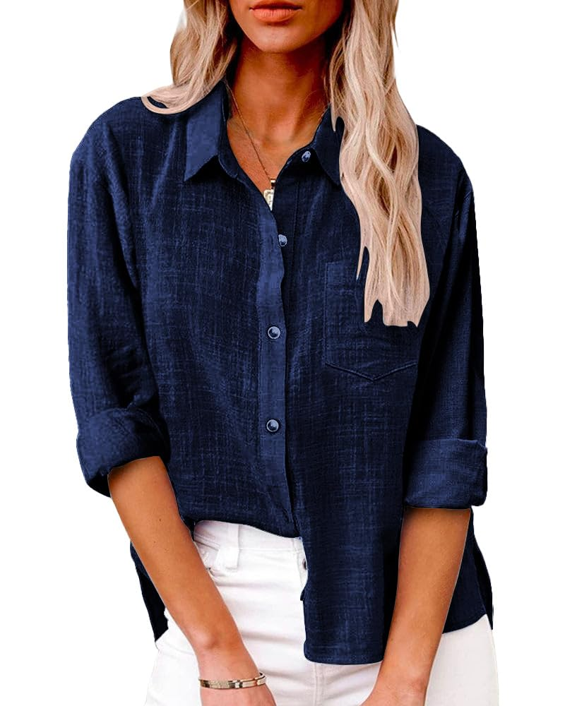 Audrey Blouse Femme – Chemise en Coton avec Col en V, Boutons et Poche