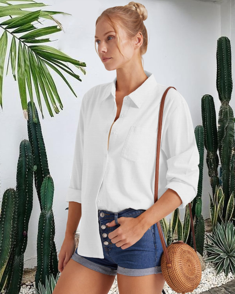Audrey Women's Blouse – Cotton Shirt with V-Neck, Buttons & Pocket