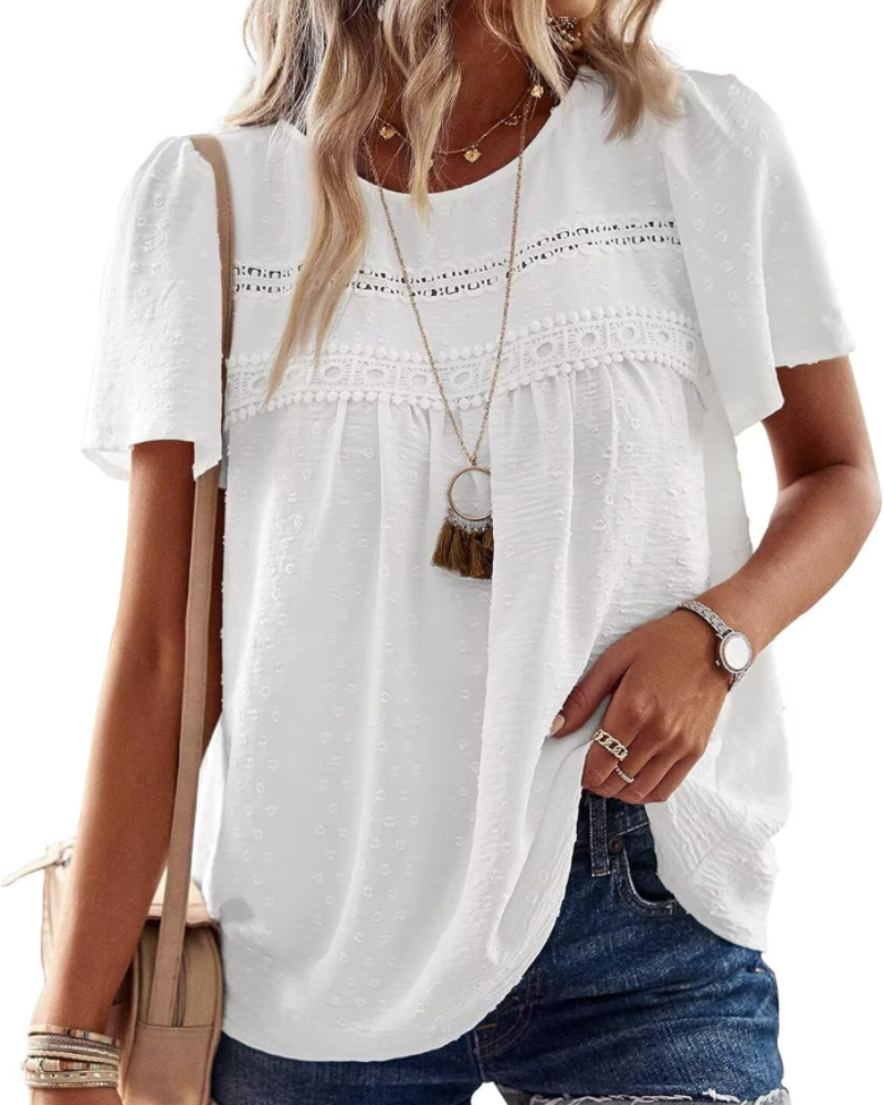 Dámský top Teagan – krajka, široké krátké rukávy, kulatý výstřih a boho styl