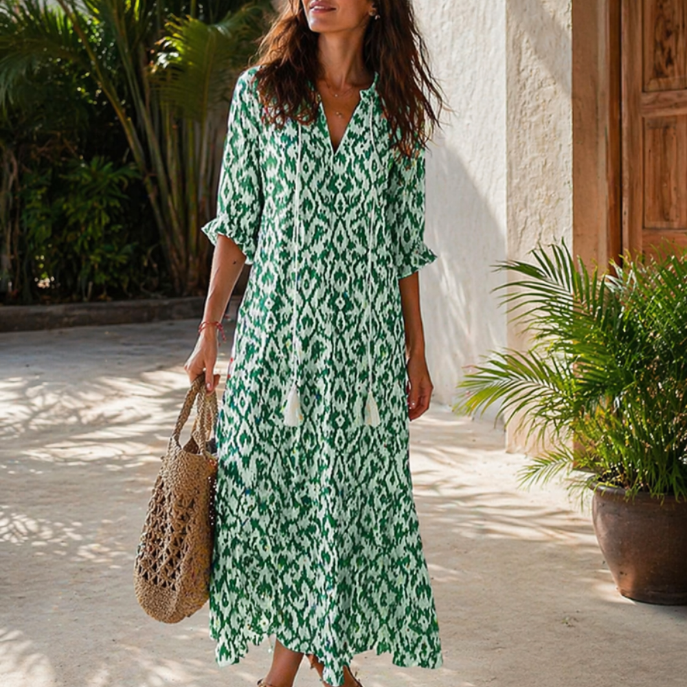 Zarya Robe Boho Femme – Maxi Robe Fluide avec Col V & Coupe Souple