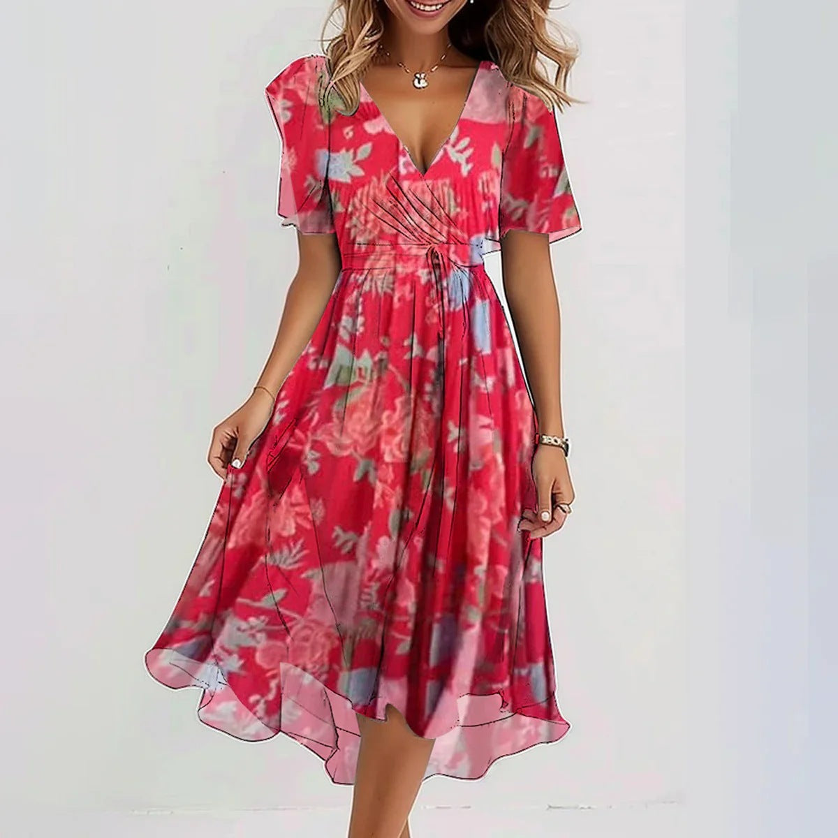 Everly Vestido Midi Mujer – Floral, Escote en V Elegante y Corte Fluido