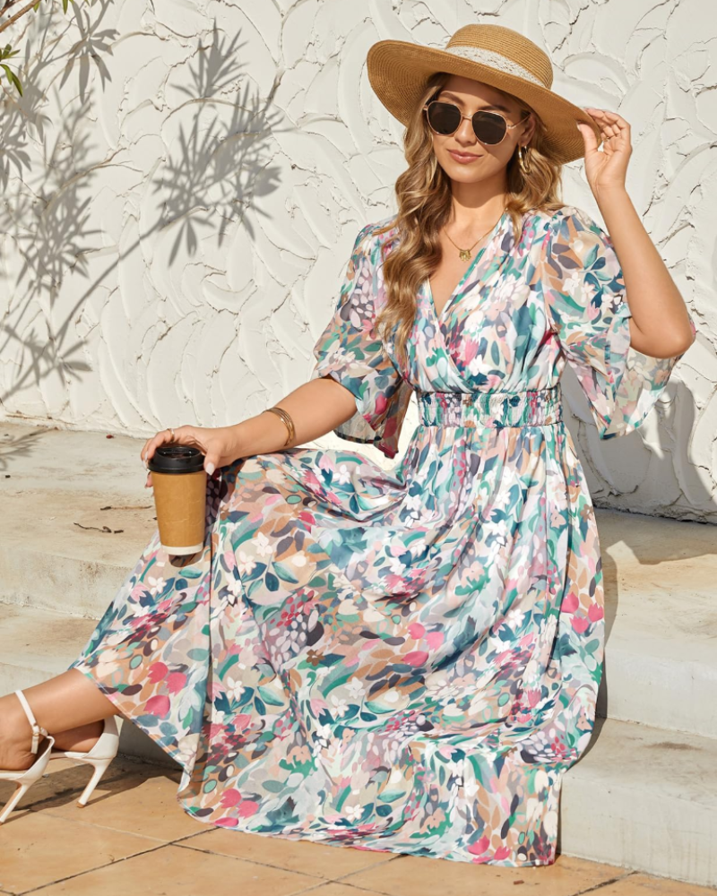 Robe longue fleurie pour femme Cambria – encolure en V, taille élastiquée et manches courtes