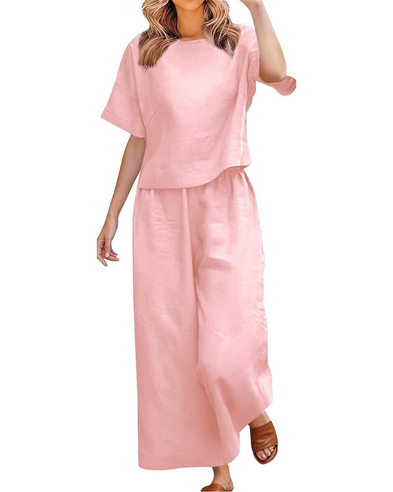 Komplettes Damen-Outfit aus Leinen und Baumwolle – T-Shirt und weite Curvy-Hose