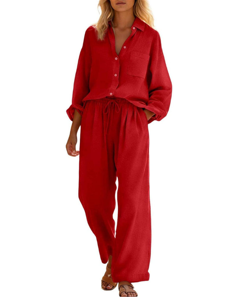 Conjunto completo Belinda para mujer de lino y algodón: dos piezas curvy con hombros caídos