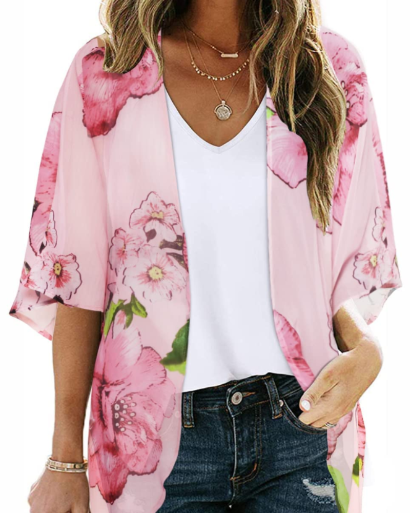 Kimono floral de mujer Avery – Chifón ligero, mangas cortas y corte holgado