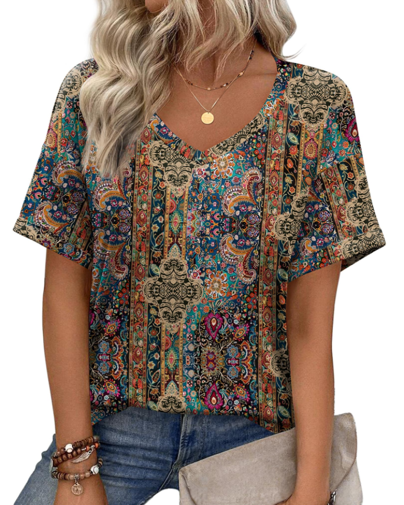 T-shirt damski Roxanne – dekolt w serek, krótkie rękawy i luźny krój