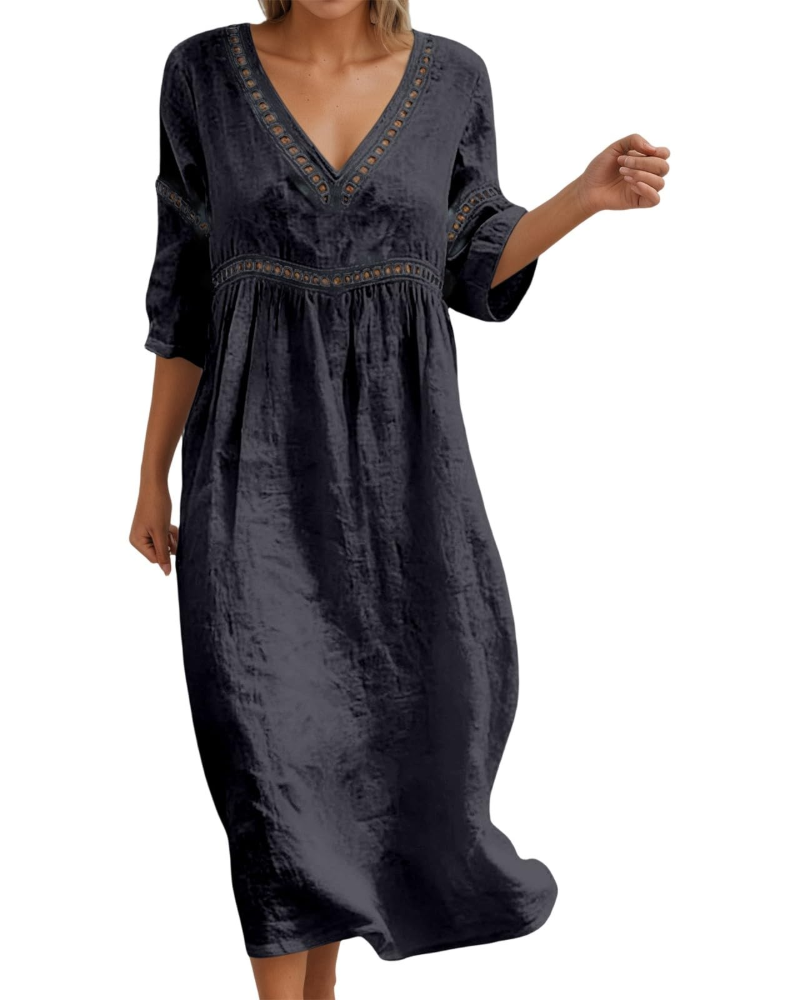 Georgia Women's Long Dress – Cotton, V-Neck, 3/4 Sleeves, and Boho-Chic Style