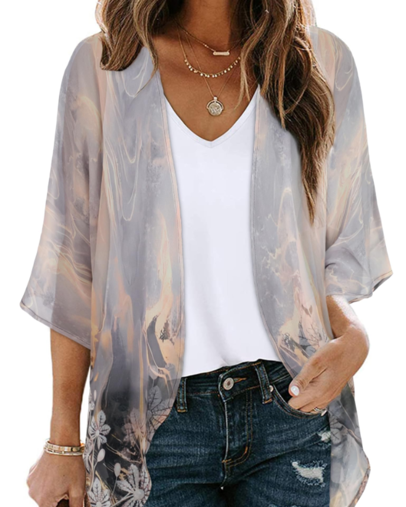 Kimono floral de mujer Avery – Chifón ligero, mangas cortas y corte holgado