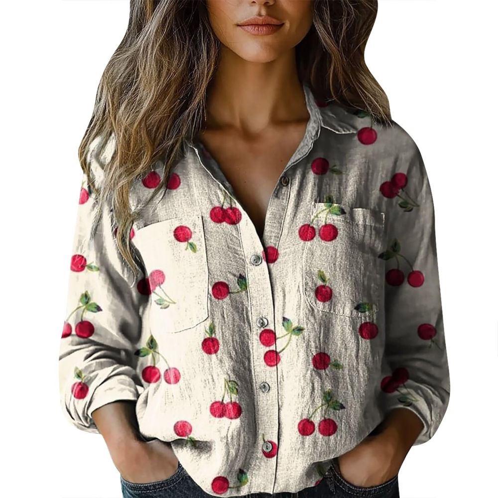 Gwendolyn bluzka damska – dekolt w serek, guziki, długie rękawy i kwiatowy wzór