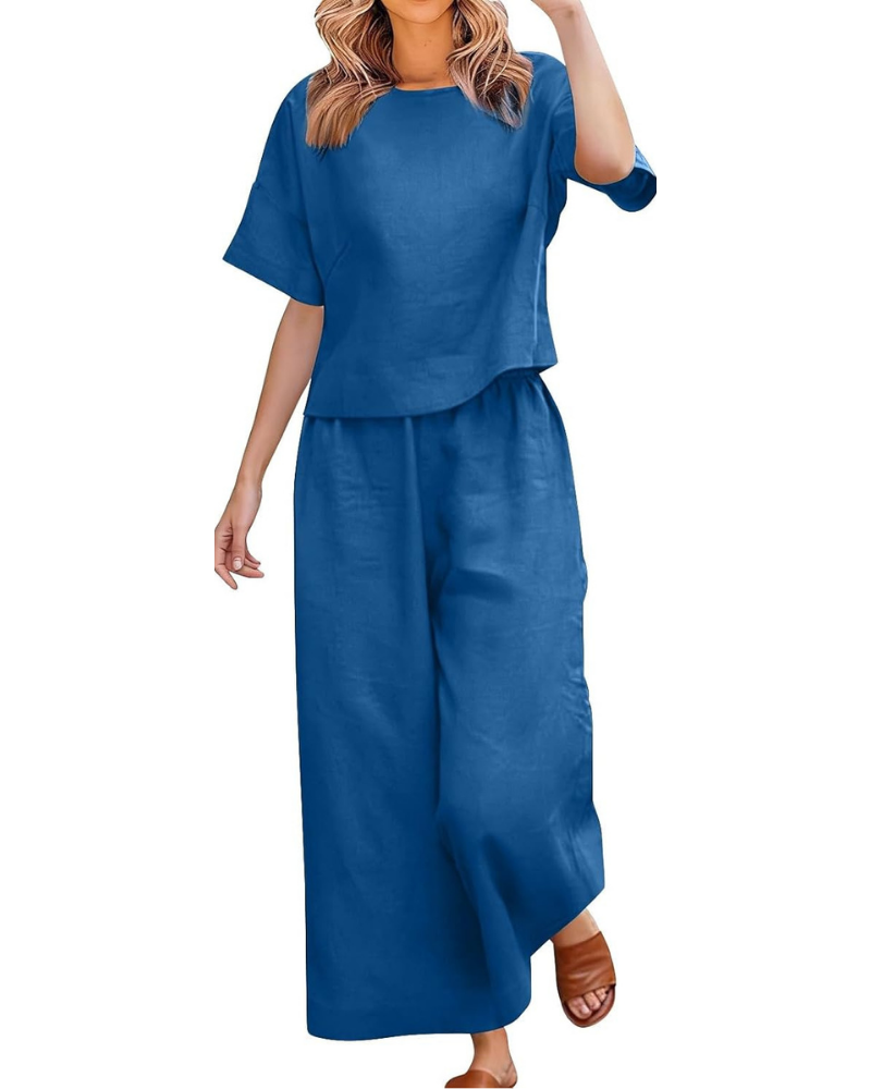Komplettes Damen-Outfit aus Leinen und Baumwolle – T-Shirt und weite Curvy-Hose