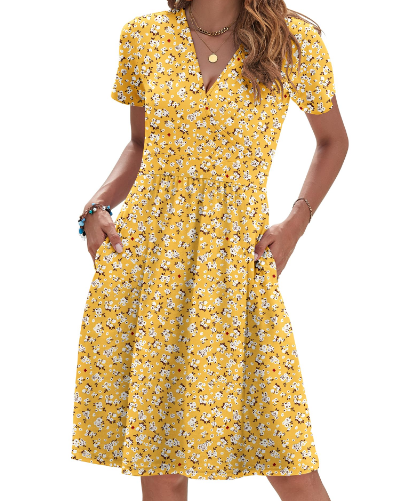 Brielle Vestido de verano para mujer – Escote en V, cintura cruzada y bolsillos laterales