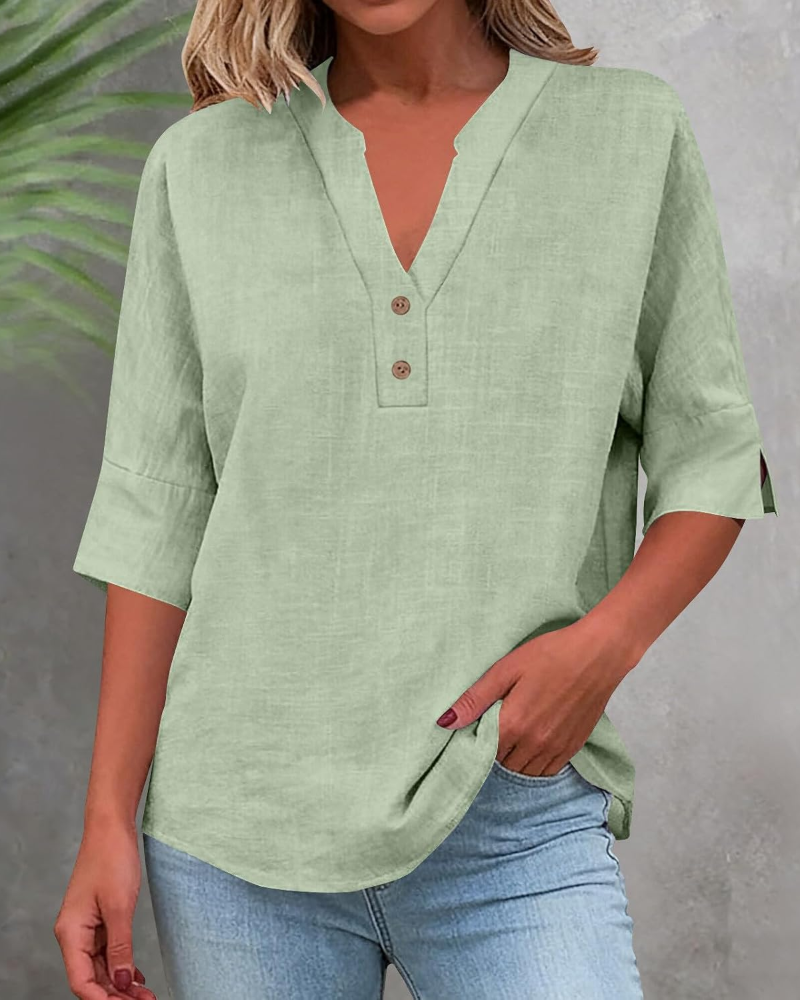 Kimberly Camicetta Donna – Cotone e Lino, Scollo a V, Maniche Corte e Bottoni