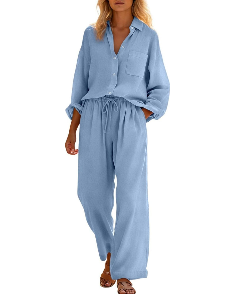 Conjunto completo Belinda para mujer de lino y algodón: dos piezas curvy con hombros caídos