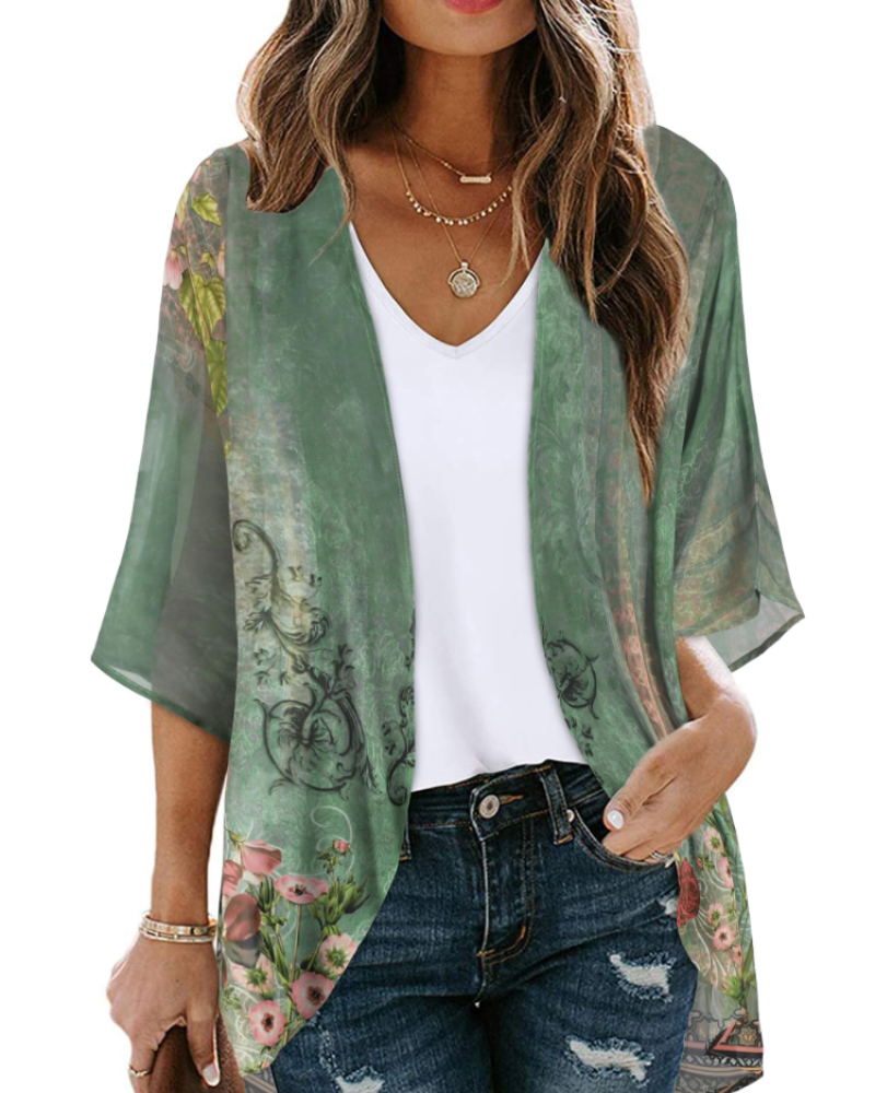 Kimono floral de mujer Avery – Chifón ligero, mangas cortas y corte holgado