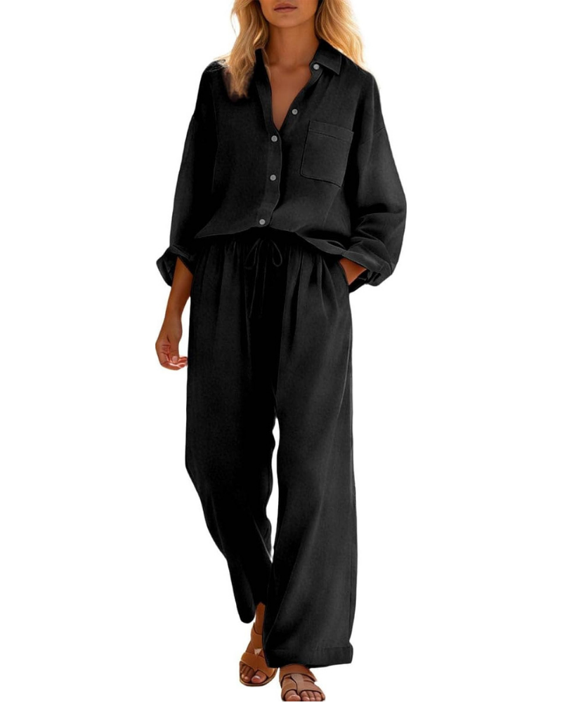 Conjunto completo Belinda para mujer de lino y algodón: dos piezas curvy con hombros caídos