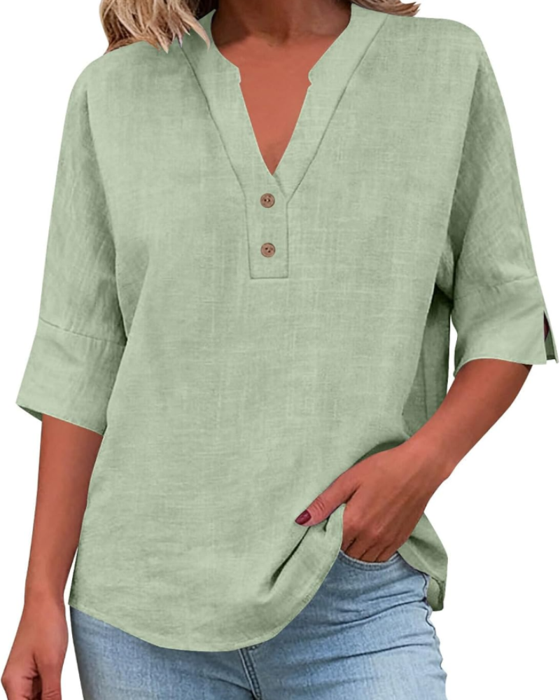 Kimberly Camicetta Donna – Cotone e Lino, Scollo a V, Maniche Corte e Bottoni