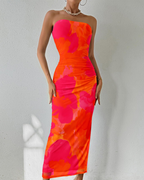 Vestido largo Savannah para mujer: ajustado, con estampado floral, sin tirantes, drapeado y con abertura