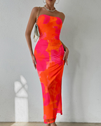 Vestido largo Savannah para mujer: ajustado, con estampado floral, sin tirantes, drapeado y con abertura
